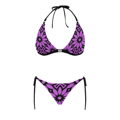 Purple/Black Flowery Pattern Buckle Front Halter Bikini Swimsuit (Model S08)