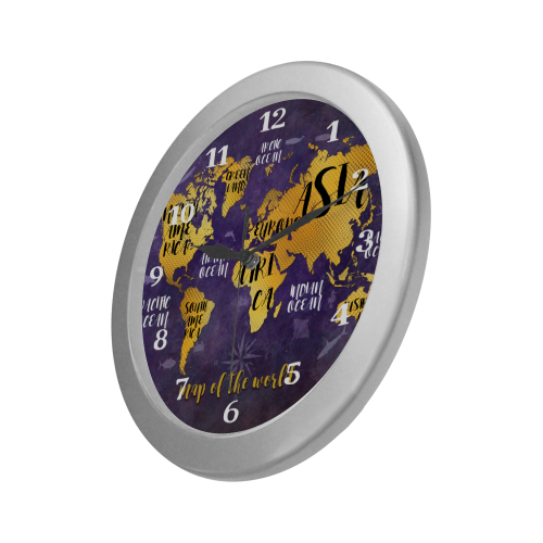 world map watch 4 Silver Color Wall Clock