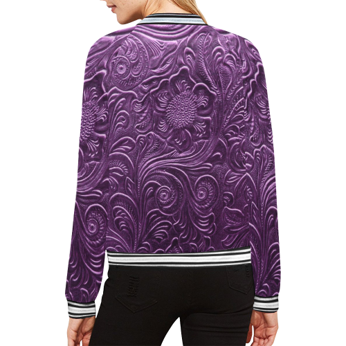 Embossed Purple Flowers All Over Print Bomber Jacket for Women (Model H21)