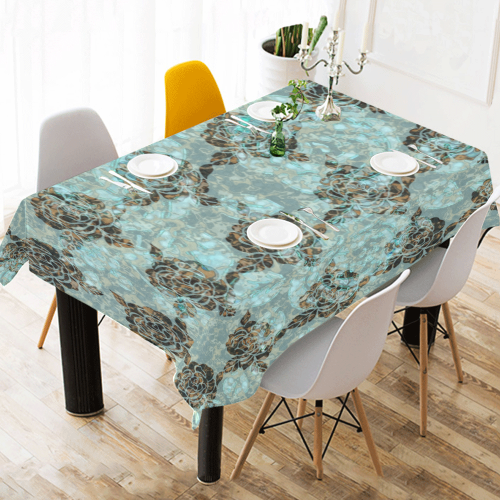 Seaglass Aqua Gold Mod Cotton Linen Tablecloth 52"x 70"