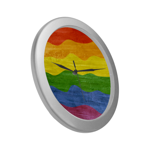 Gay Pride - Rainbow Flag Waves Stripes 3 Silver Color Wall Clock