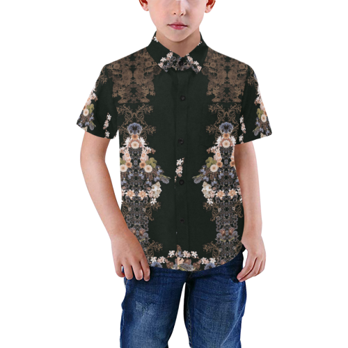 floral-black and peach Boys' All Over Print Short Sleeve Shirt (Model T59)