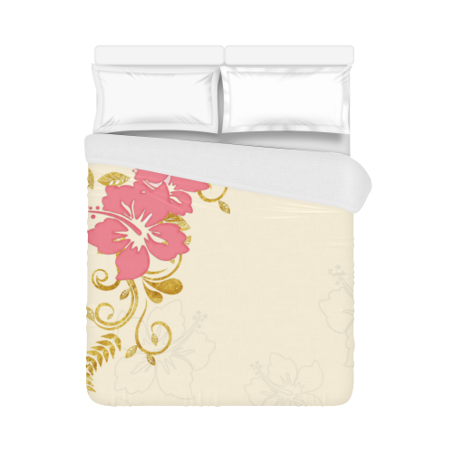 Pink Plumeria and Gold Ferns on Cream Background Duvet Cover 86"x70" ( All-over-print)