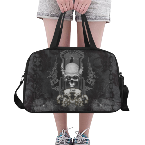 Skull with crow in black and white Fitness Handbag (Model 1671)