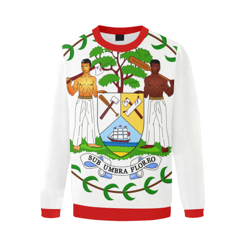 Belize Flag Sweater White w/Red Men's Oversized Fleece Crew Sweatshirt/Large Size(Model H18)