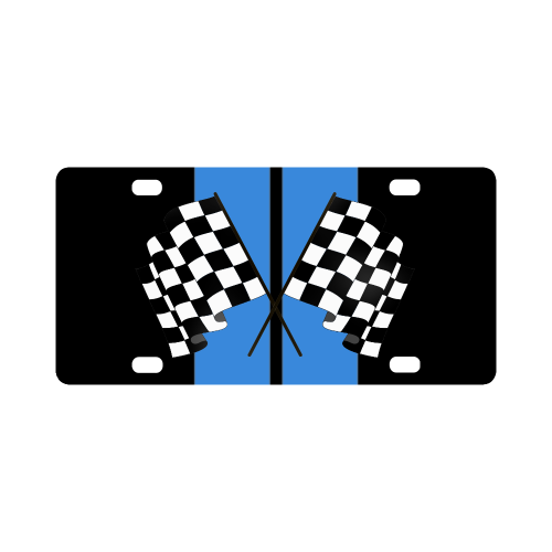 Checkered Flags, Race Car Stripe, Black and Blue Classic License Plate