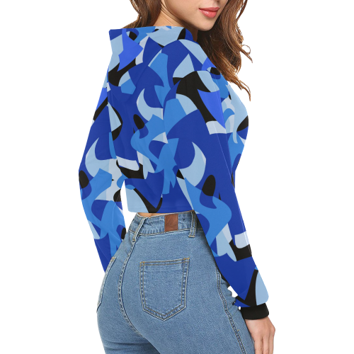 Camouflage Abstract Blue and Black All Over Print Crop Hoodie for Women (Model H22)