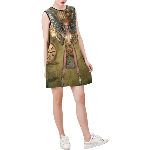 Steampunk lady with clocks and gears Sleeveless Round Neck Shift Dress (Model D51)