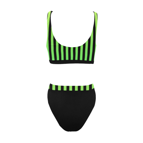 Green Ombre on Black Sport Top & High-Waisted Bikini Swimsuit (Model S07)