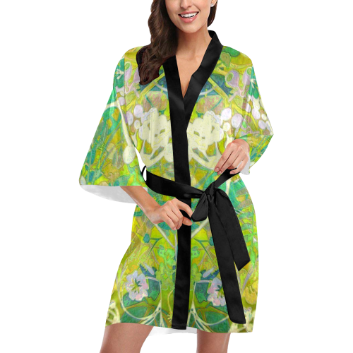 floral 1 abstract in shades of green 2 Kimono Robe