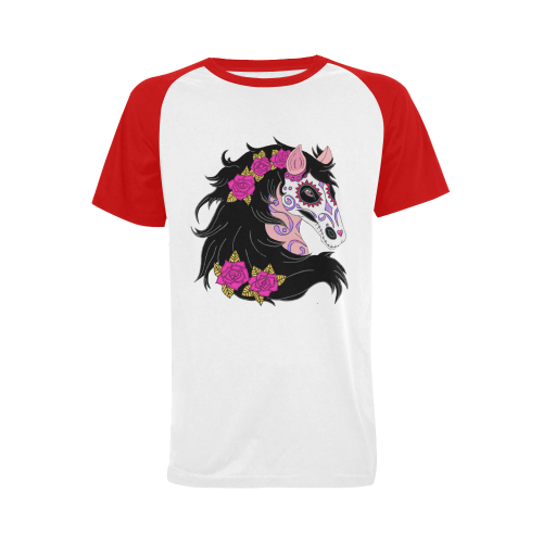 Sugar Skull Horse Pink Roses Red Men's Raglan T-shirt Big Size (USA Size) (Model T11)