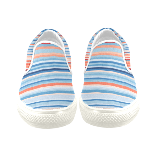 Blue and coral stripe 1 white trim Slip-on Canvas Shoes for Men/Large Size (Model 019)
