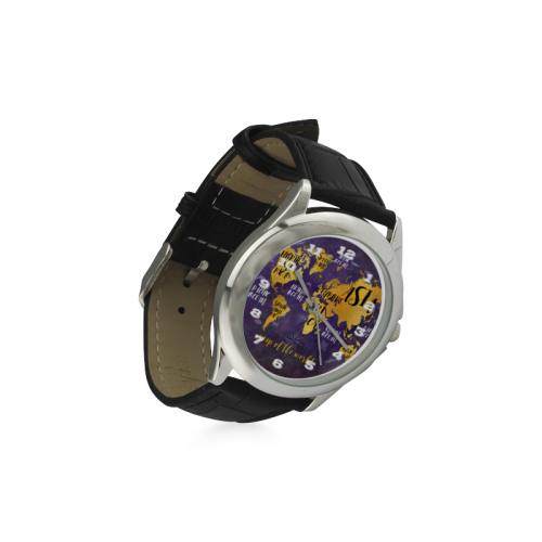 world map clock Women's Classic Leather Strap Watch(Model 203)