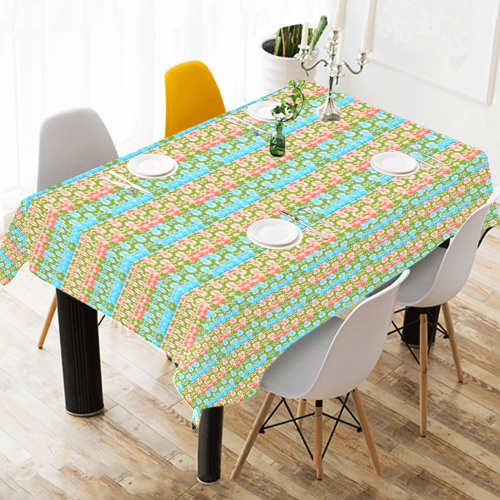 Elegant French Summer Blue Orange Multi Cotton Linen Tablecloth 52"x 70"