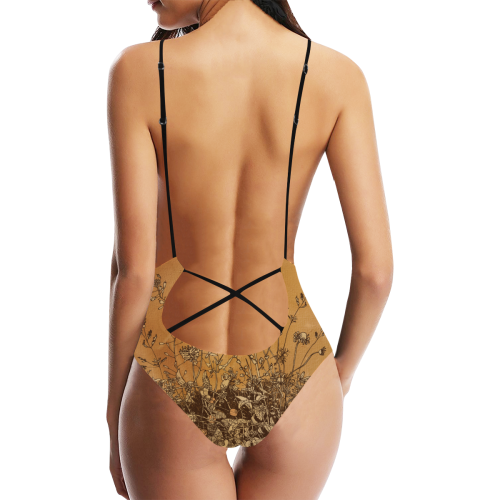 Brown flowers, vintage Sexy Lacing Backless One-Piece Swimsuit (Model S10)