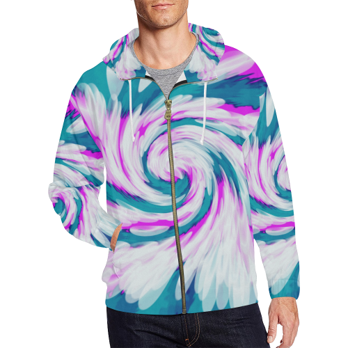 Turquoise Pink Tie Dye Swirl Abstract All Over Print Full Zip Hoodie for Men/Large Size (Model H14)