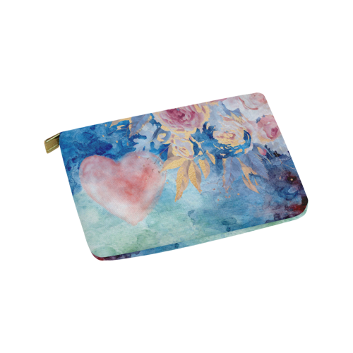 Heart and Flowers - Pink and Blue Carry-All Pouch 9.5''x6''