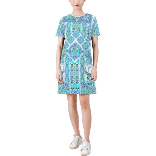 mandala spirit turquoise Short-Sleeve Round Neck A-Line Dress (Model D47)