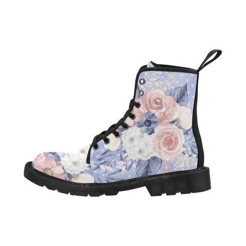 Navy Floral Boots, Watercolor Pink Flower Martin Boots for Women (Black) (Model 1203H)