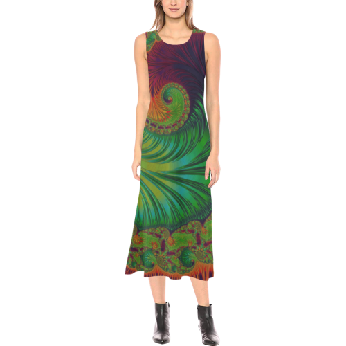 Rainbow Tropical Wave Fractal Abstract Phaedra Sleeveless Open Fork Long Dress (Model D08)
