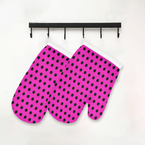 Hot Pink Black Polka Dots Oven Mitt (Two Pieces)