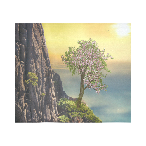 Mountain And A Cherry Tree Cotton Linen Wall Tapestry 60"x 51"