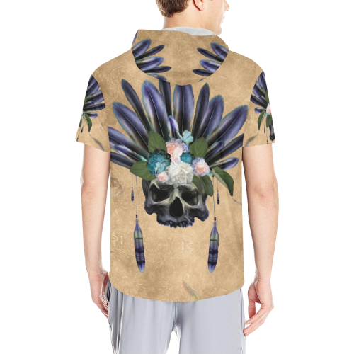 Cool skull with feathers and flowers All Over Print Short Sleeve Hoodie for Men (Model H32)