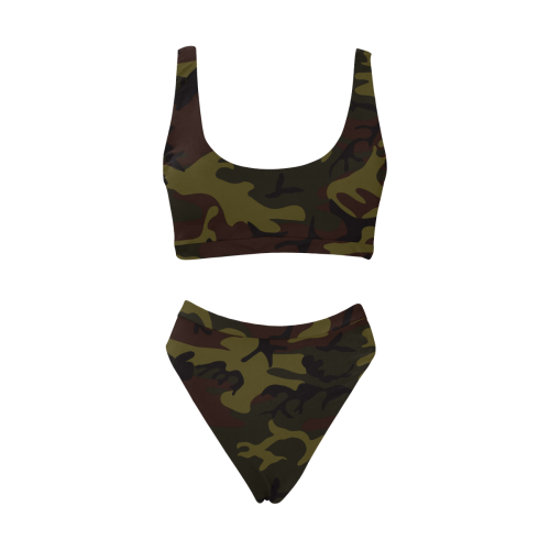 Camo Green Brown Sport Top & High-Waisted Bikini Swimsuit (Model S07)