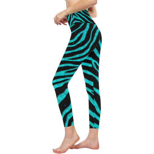 Ripped SpaceTime Stripes - Cyan Women's All Over Print High-Waisted Leggings (Model L36)
