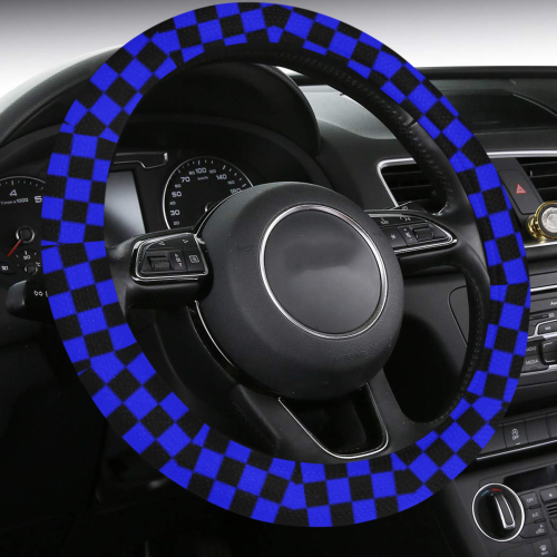 Checkerboard Black And Blue Steering Wheel Cover with Anti-Slip Insert
