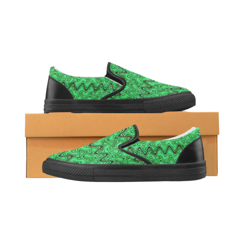 Green and Black Waves pattern design Men's Unusual Slip-on Canvas Shoes (Model 019)