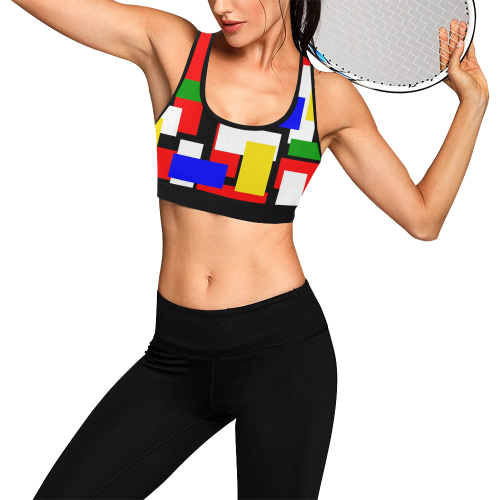 Red and Green Blocks - blue, yellow and white Women's All Over Print Sports Bra (Model T52)