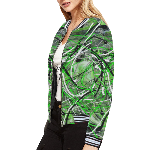Crazy Green All Over Print Bomber Jacket for Women (Model H21)