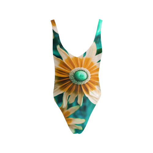 Yellow Orange Flower on Turquoise Green Photo Sexy Low Back One-Piece Swimsuit (Model S09)
