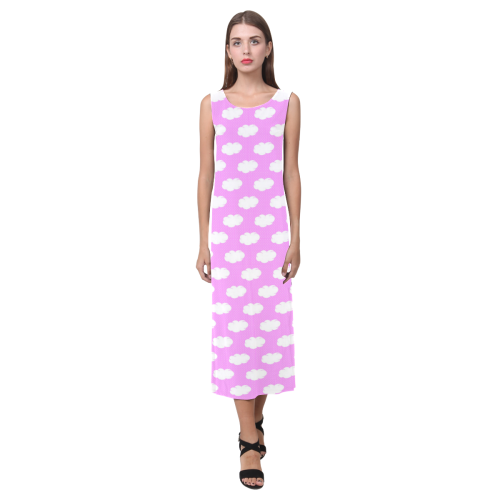 Clouds and Polka Dots on Pink Phaedra Sleeveless Open Fork Long Dress (Model D08)