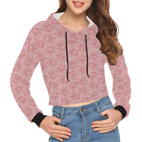 Cat with Violin Pattern All Over Print Crop Hoodie for Women (Model H22)