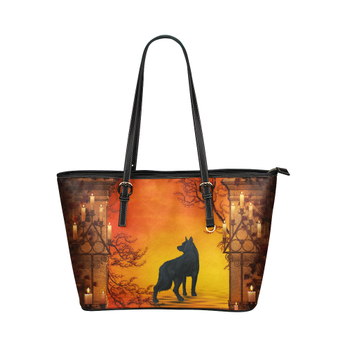 Wonderful black wolf in the night Leather Tote Bag/Small (Model 1651)