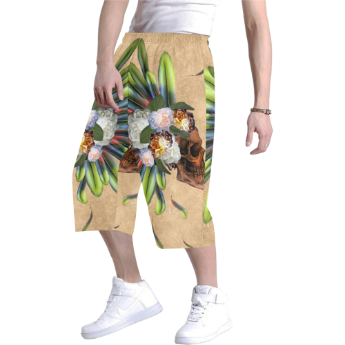 Amazing skull with feathers and flowers Men's All Over Print Baggy Shorts (Model L37)