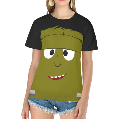 Cute Frankenstein's Monster Halloween Face Women's Raglan T-Shirt/Front Printing (Model T62)