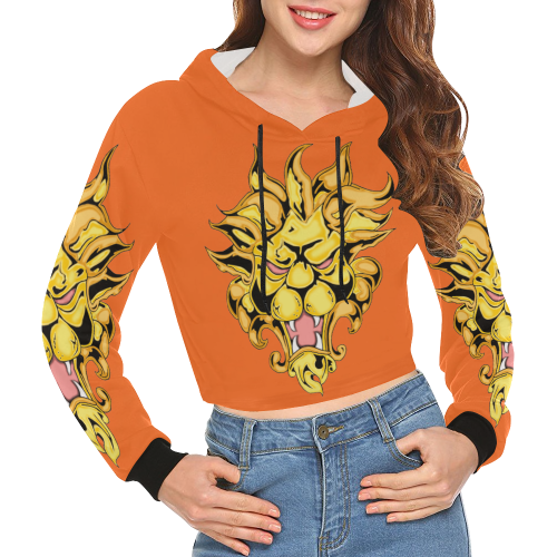 Gold Metallic Lion Orange All Over Print Crop Hoodie for Women (Model H22)
