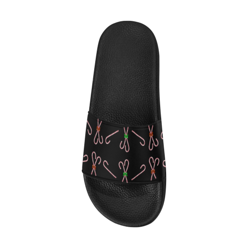 Christmas Candy Canes with Bows on Black Women's Slide Sandals (Model 057)