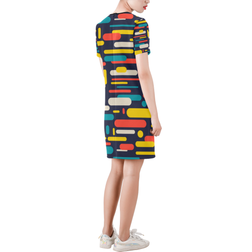Colorful Rectangles Short-Sleeve Round Neck A-Line Dress (Model D47)