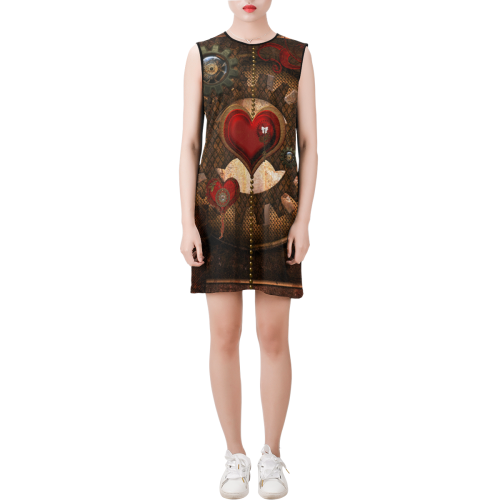 Steampunk, awesome herats with clocks and gears Sleeveless Round Neck Shift Dress (Model D51)