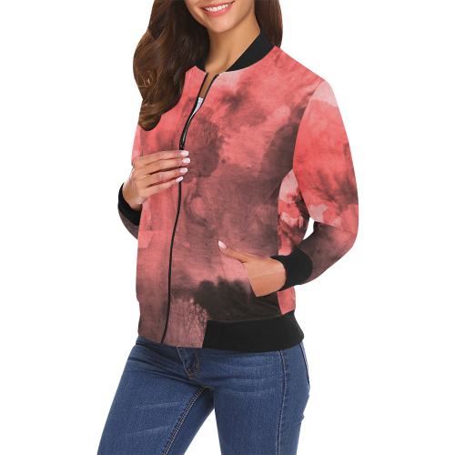 Red and Black Watercolour All Over Print Bomber Jacket for Women (Model H19)
