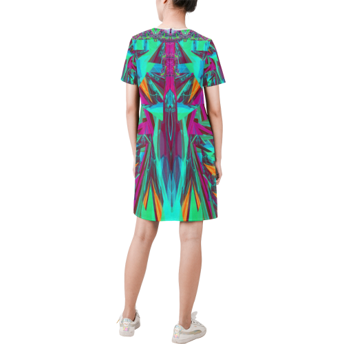 assymetry turquoise Short-Sleeve Round Neck A-Line Dress (Model D47)