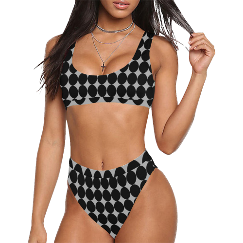 Black Gray Graphic Mod Stylish Sport Top & High-Waisted Bikini Swimsuit (Model S07)