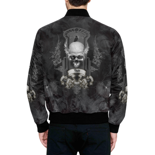 Skull with crow in black and white All Over Print Quilted Bomber Jacket for Men (Model H33)