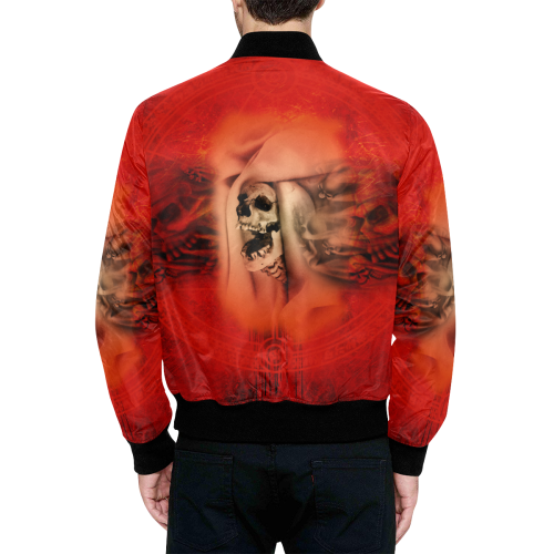 Creepy skulls on red background All Over Print Quilted Bomber Jacket for Men (Model H33)