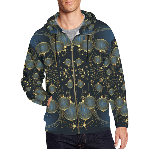 Golden Christmas Ornaments on Blue All Over Print Full Zip Hoodie for Men/Large Size (Model H14)