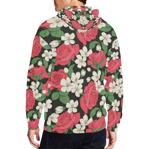 Pink, White and Black Floral All Over Print Full Zip Hoodie for Men/Large Size (Model H14)